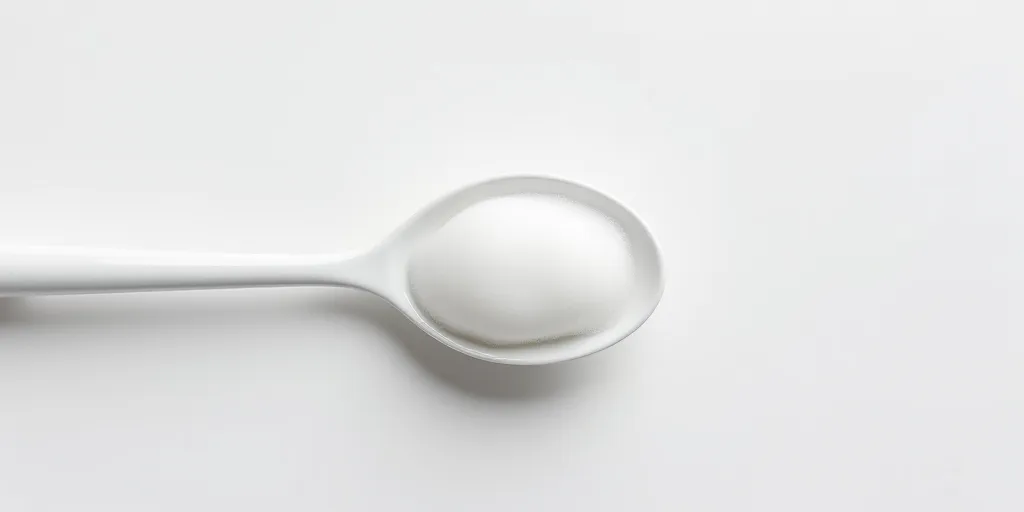 a spoon with a white substance on it sitting on a white surface with a white background and a white