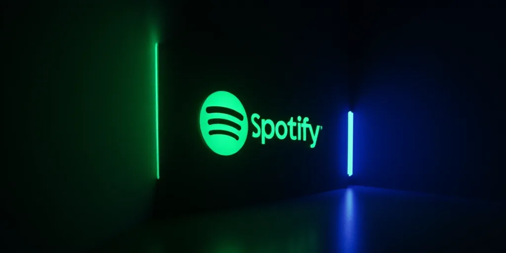 a spotify logo is shown in the dark with a green light on it's side and a blue light on the side, Ai
