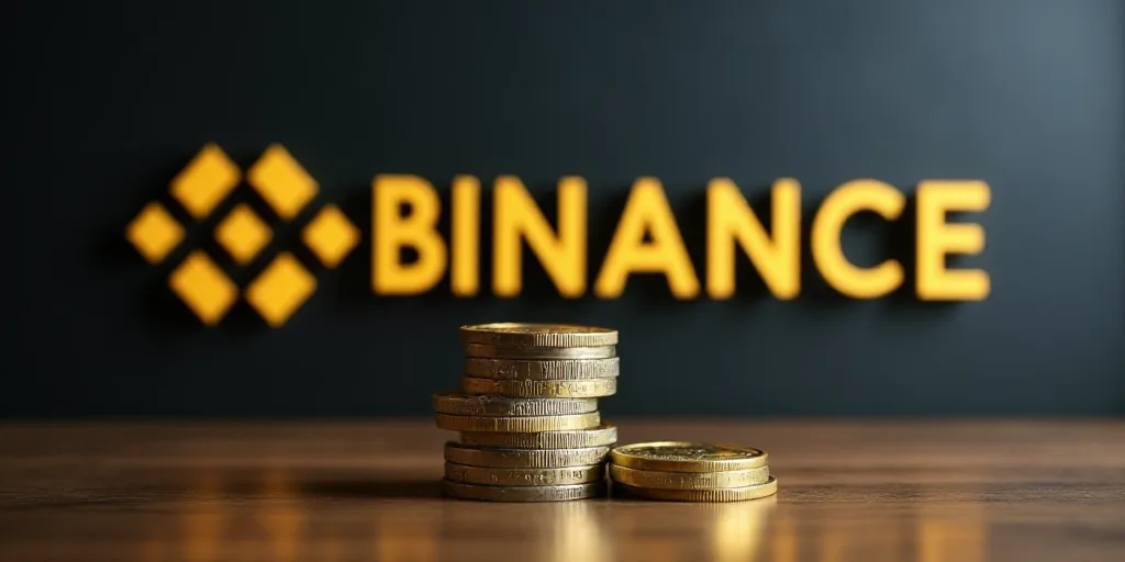 a stack of coins sitting next to a binance sign on a wall with binance written on it, Beeple, offici