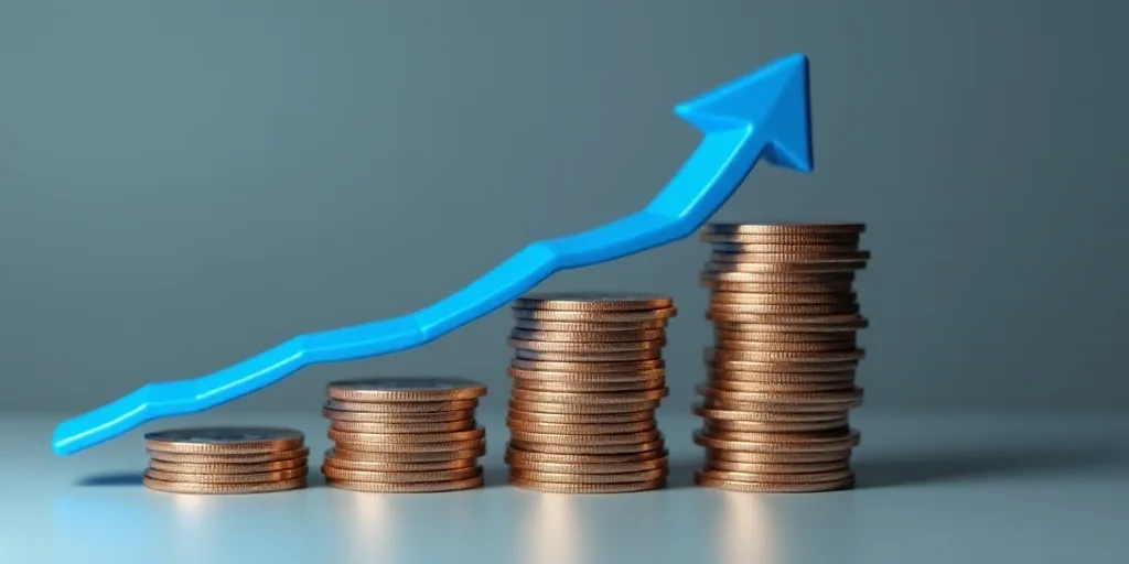 a stack of coins with a bank of america sign in the background and a blue arrow pointing up to the t