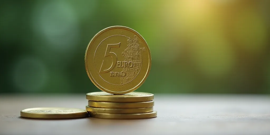 a stack of coins with a five euro coin on top of it and a five euro coin on the bottom, Aquirax Uno,