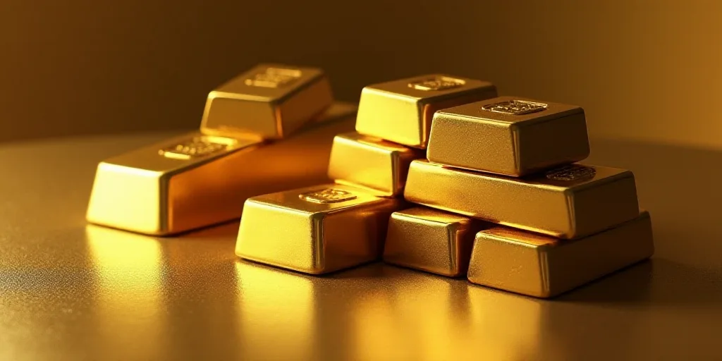 a stack of gold bars sitting on top of a table next to a pile of other gold bars on a table, Enguerr