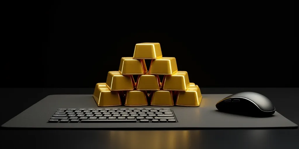 a stack of gold bars sitting on top of a table next to a keyboard and mouse pad, with a black backgr