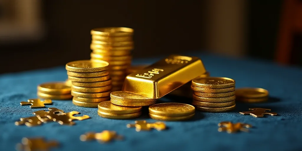 a stack of gold coins and a gold bar on a table with other gold coins around it and a blue table clo