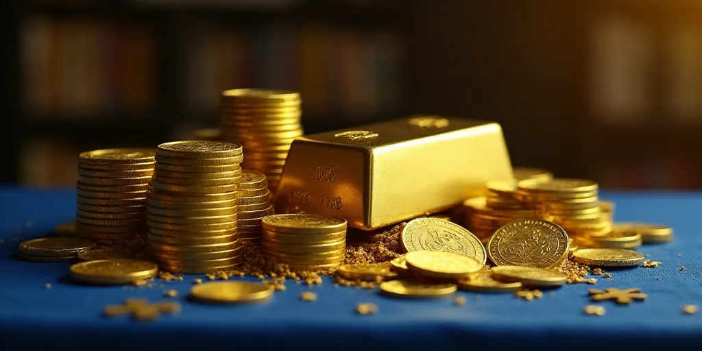 a stack of gold coins and a gold bar on a table with other gold coins around it and a blue table clo