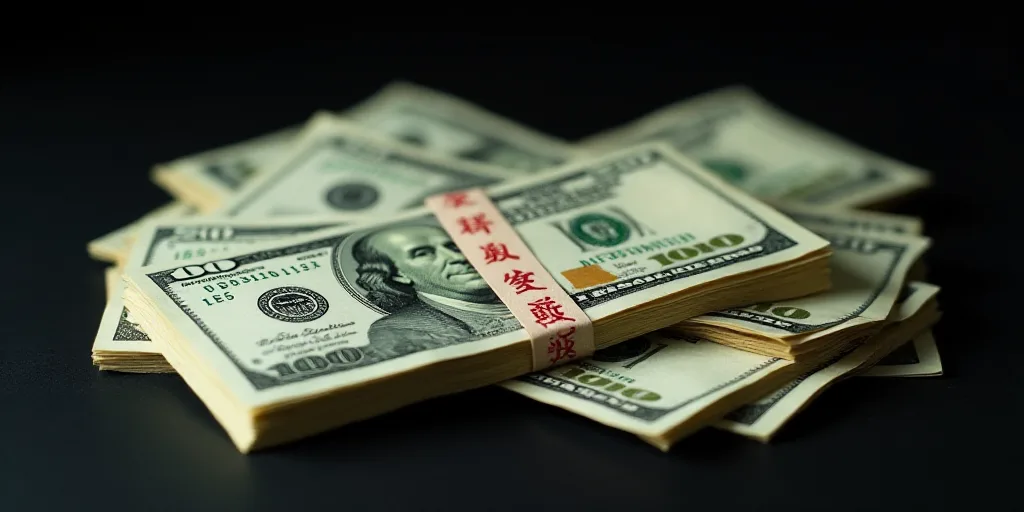 a stack of money with chinese writing on it and a stack of hundred dollar bills in the background wi