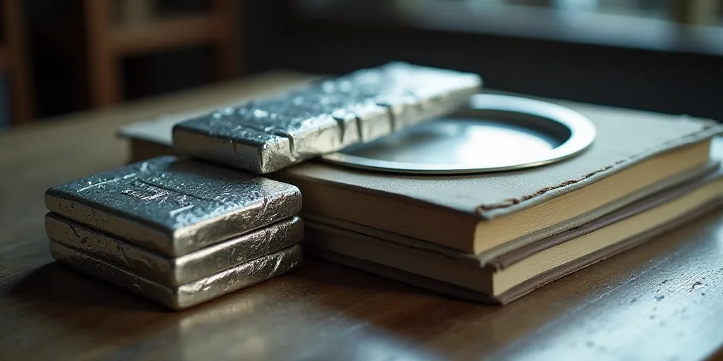 a stack of silver bars next to a stack of books on a table top with a silver plate on top, Enguerran