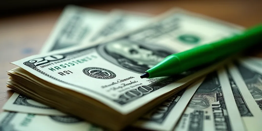 a stack of twenty dollar bills sitting on top of each other on a table with a green marker on it, Be