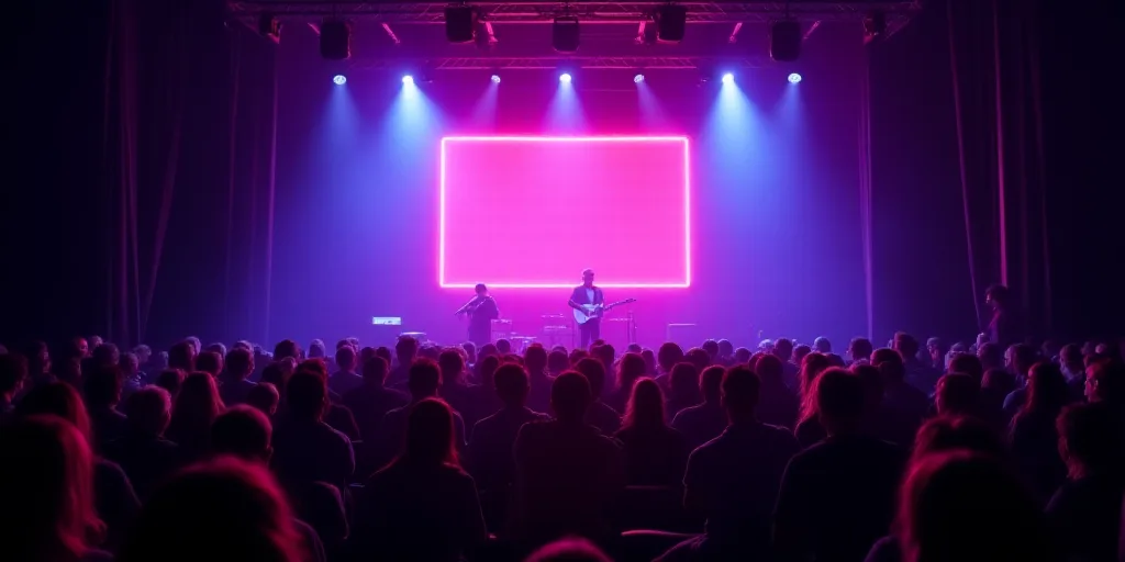 a stage with a neon sign on it and people watching it from the stage and a stage with a purple curta