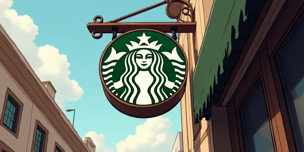 a starbucks sign hanging from the side of a building with a starbucks logo on it's side and a starbu