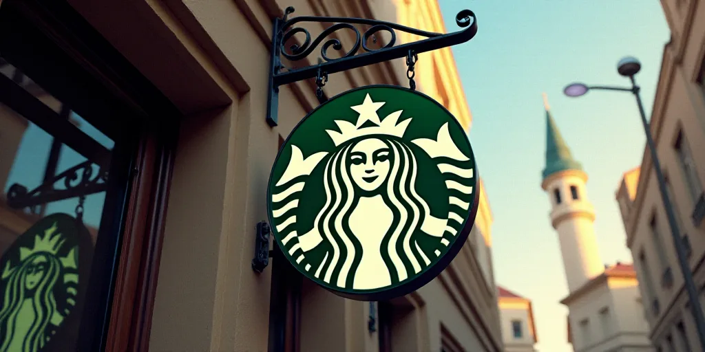 a starbucks sign hanging from the side of a building with a starbucks logo on it's side and a starbu