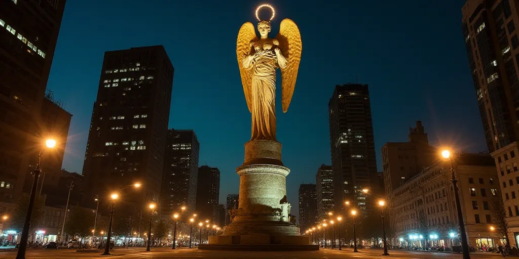 a statue in the middle of a city at night with tall buildings in the background and a lit up angel o