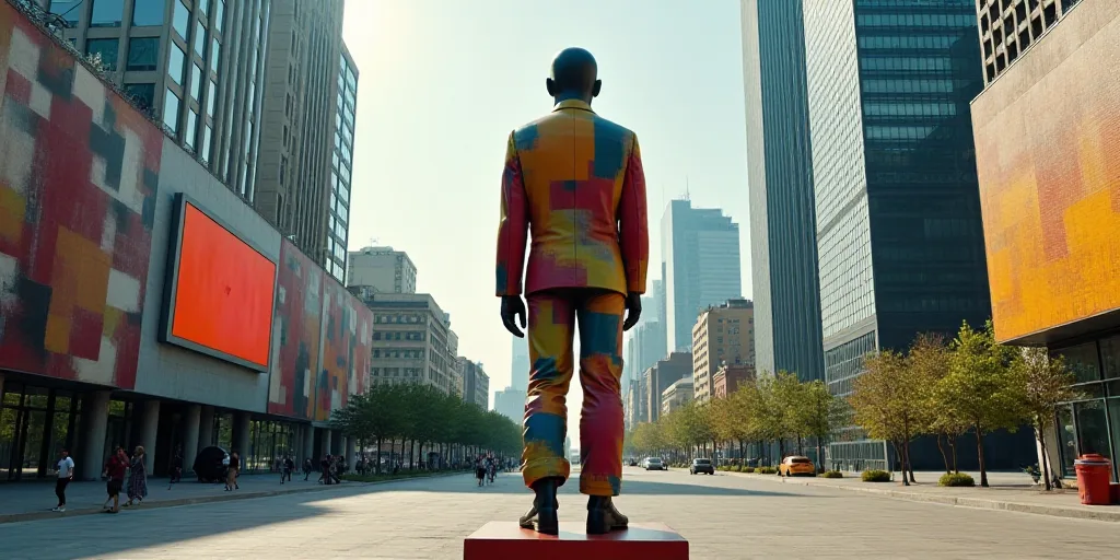 a statue in the middle of a city with skyscrapers in the background and a tv screen on the wall, Dav