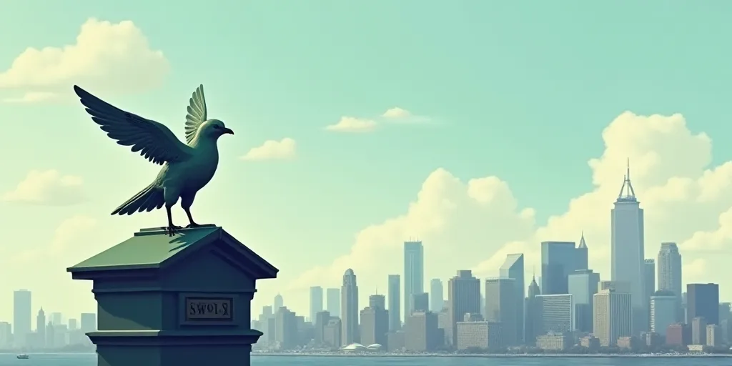 a statue of a bird on top of a building with a wave sign above it and a cityscape in the background,