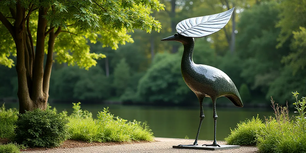 a statue of a bird with a large leaf on its head in a garden area with trees and bushes, Alberto Gia