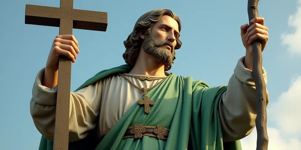 a statue of a man holding a cross and a stick in his hand with a green robe on it, Bernie D’Andrea