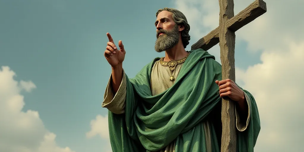 a statue of a man holding a cross and a stick in his hand with a green robe on it, Bernie D’Andrea