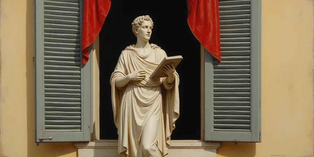 a statue of a man holding a tablet in front of a window with shutters open and a red and white banne