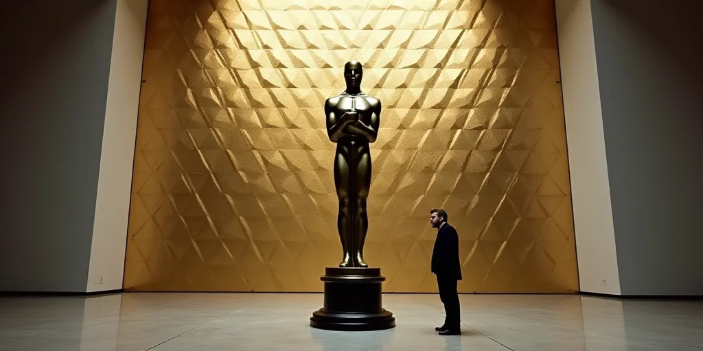 a statue of an oscar statue in front of a wall with a pattern of triangles on it and a person standi
