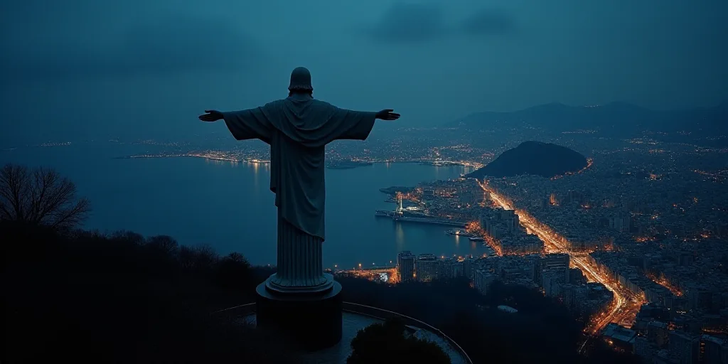 a statue of christ overlooking a city at night with lights on it's sides and a body of water below,