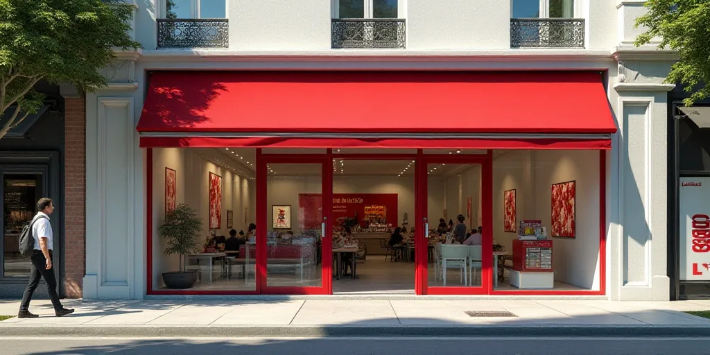 a store front with a red and white sign and a person walking by it on the sidewalk in front of it, C