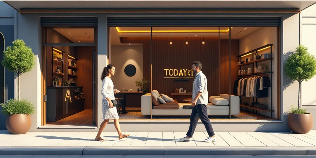 a store front with a woman walking by it and a man walking by it on the sidewalk in front of it, Aqu