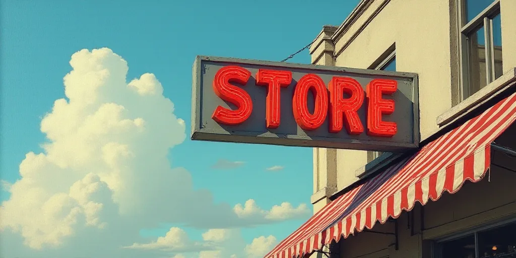 a store sign is shown on the side of a store building with a sky background and clouds in the backgr