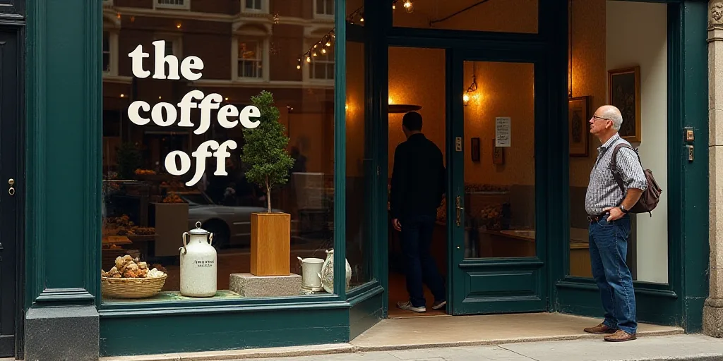 a store window with the words the coffee off etched in it's glass door and a man standing in the bac