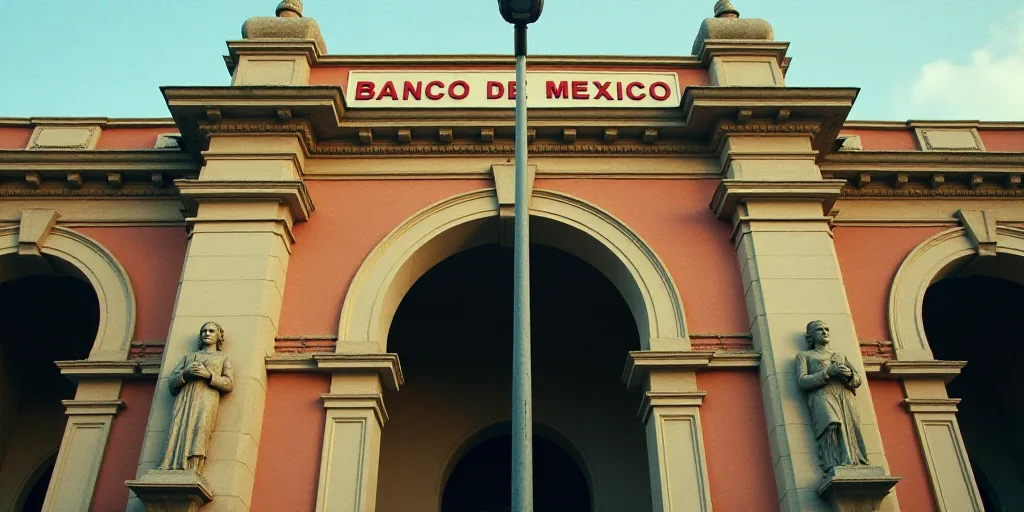 a street light in front of a building with statues on it's sides and a banco de mexico sign above it