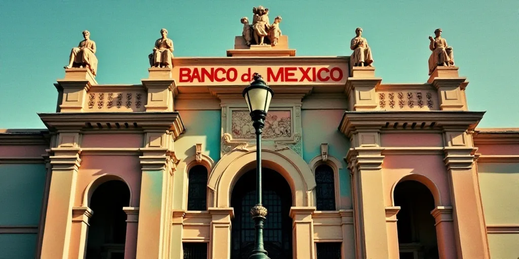 a street light in front of a building with statues on it's sides and a banco de mexico sign above it