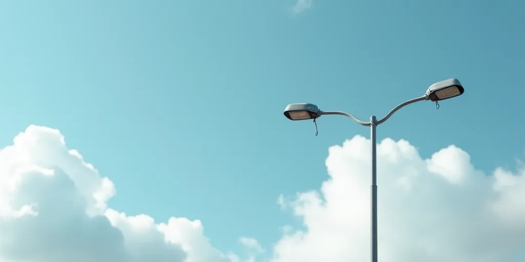 a street light with two lights attached to it's side and a sky background with clouds in the backgro