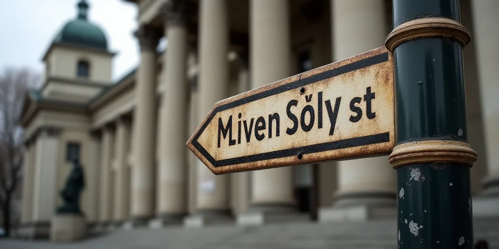 a street sign in front of a building with columns and a statue on the corner of the street and a str