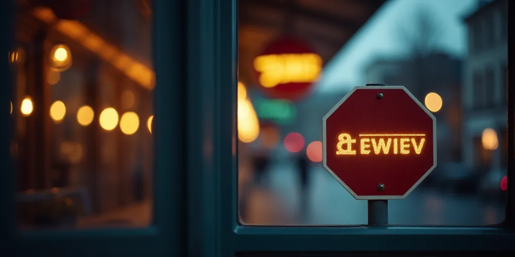 a street sign is shown through a window with boket lights in the background and a blurry background,