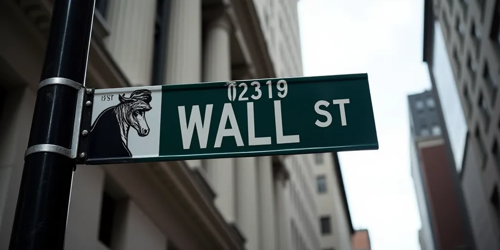 a street sign that is on the side of a building that says wall street and new york stock exchange, A