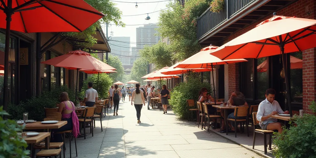 a street with tables and chairs and umbrellas on the side of it and people walking by the sidewalk,