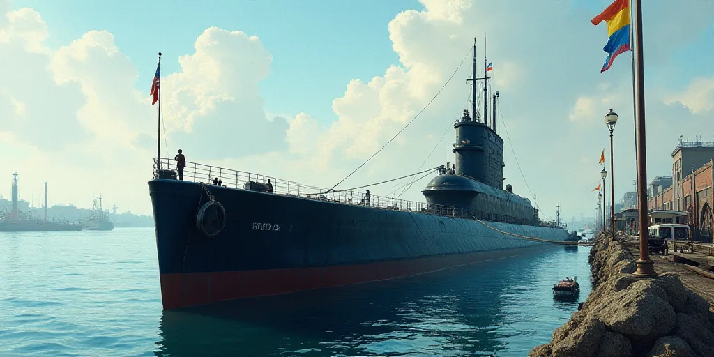 a submarine is docked in a harbor with flags flying in the wind and a man standing on the deck, Andr