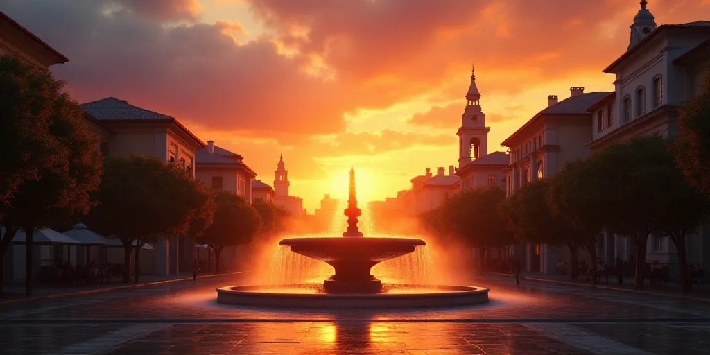 a sunset view of a city with a fountain in the middle of the street and buildings in the background,