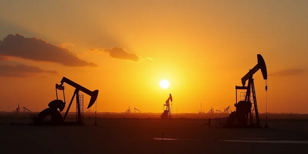 a sunset view of oil pumps in the desert with the sun setting in the background and a few clouds, An