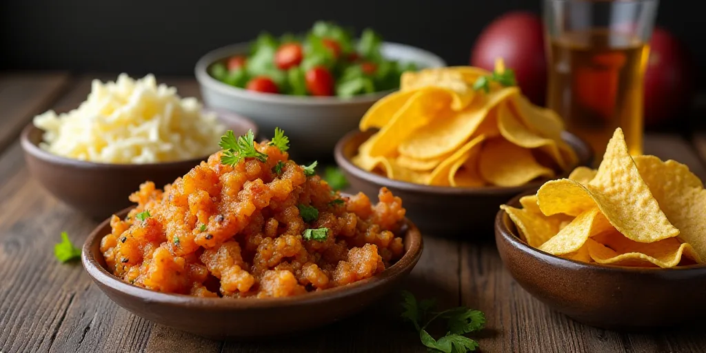 a table topped with bowls of food and snacks next to a bowl of chips and a bowl of chips, Chippy, fo