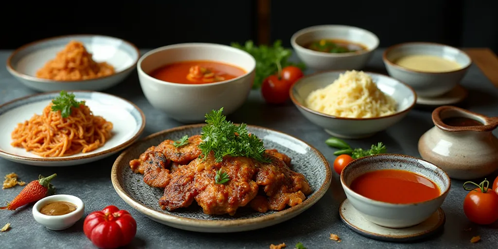 a table topped with plates of food and bowls of sauces and condiments on top of it, Elizabeth Durack