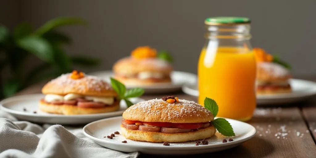 a table topped with plates of food and drinks next to a bottle of juice and a sandwich on a plate, C