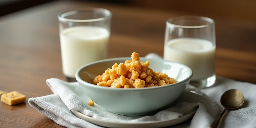 a table with a bowl of cereal, a glass of milk and a bowl of cookies on it with a napkin, Cor Melche