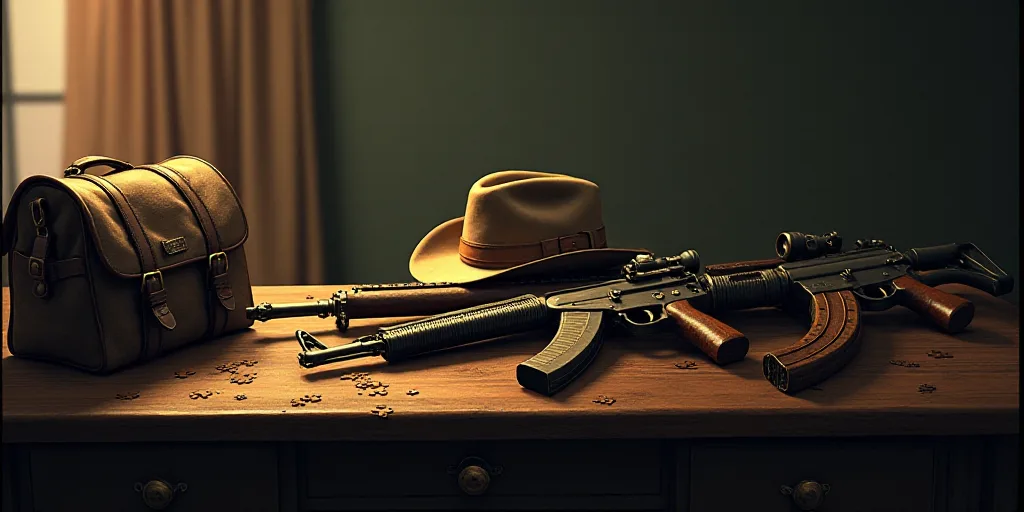 a table with a bunch of guns on it and a hat on top of it and a bag on the table, Andries Stock, rpg