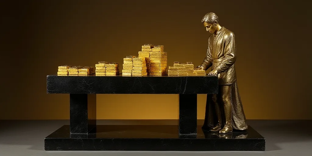 a table with gold bars on it and a person standing next to it on the table with a black surface, Eng
