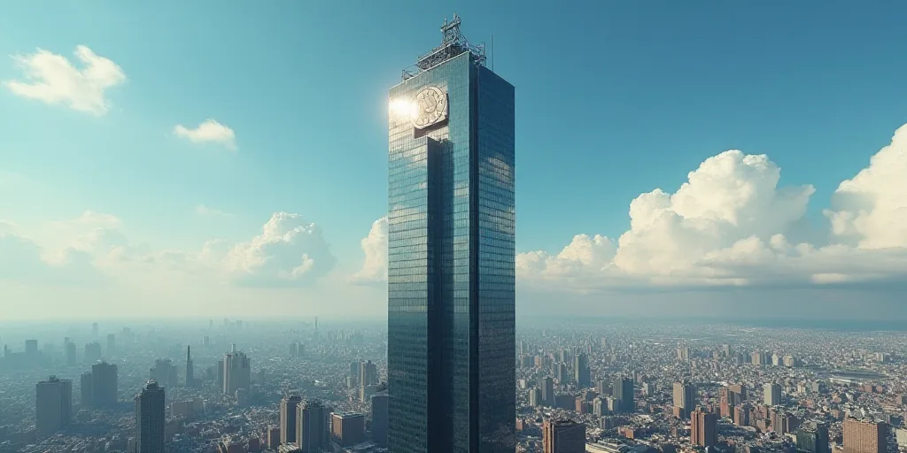 a tall building with a clock on top of it's side in a cityscape with a sky background, Constant Perm