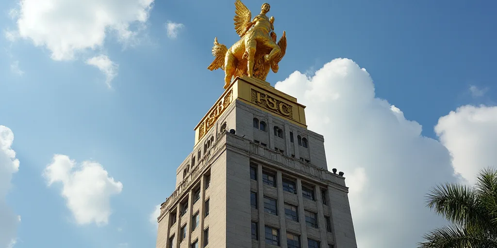 a tall building with a gold statue on top of it's head and a hsbc sign on the side of it, David Alfa