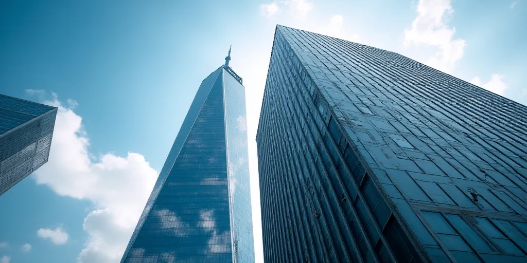 a tall building with a sky scraper in the background and a sky scraper in the foreground, Enguerrand