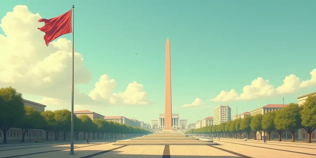 a tall obelisk in a city with a flag flying in the wind and a building in the background, Emiliano P