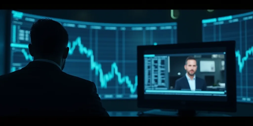 a television screen with a man on it and a stock chart in the background with a blue light on, Andri