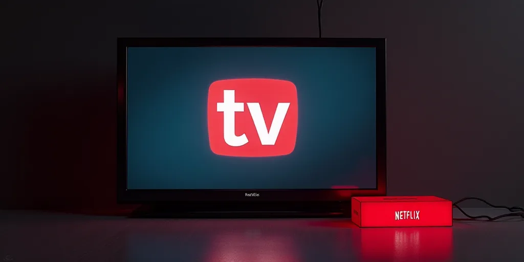 a television screen with the logo of the tv network on it and a red netflix box with the netflix log